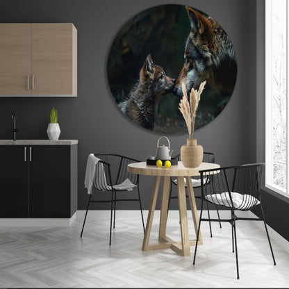 Wolf en welp in het bos aluminium muurcirkel