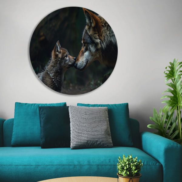 Wolf en welp in het bos aluminium muurcirkel