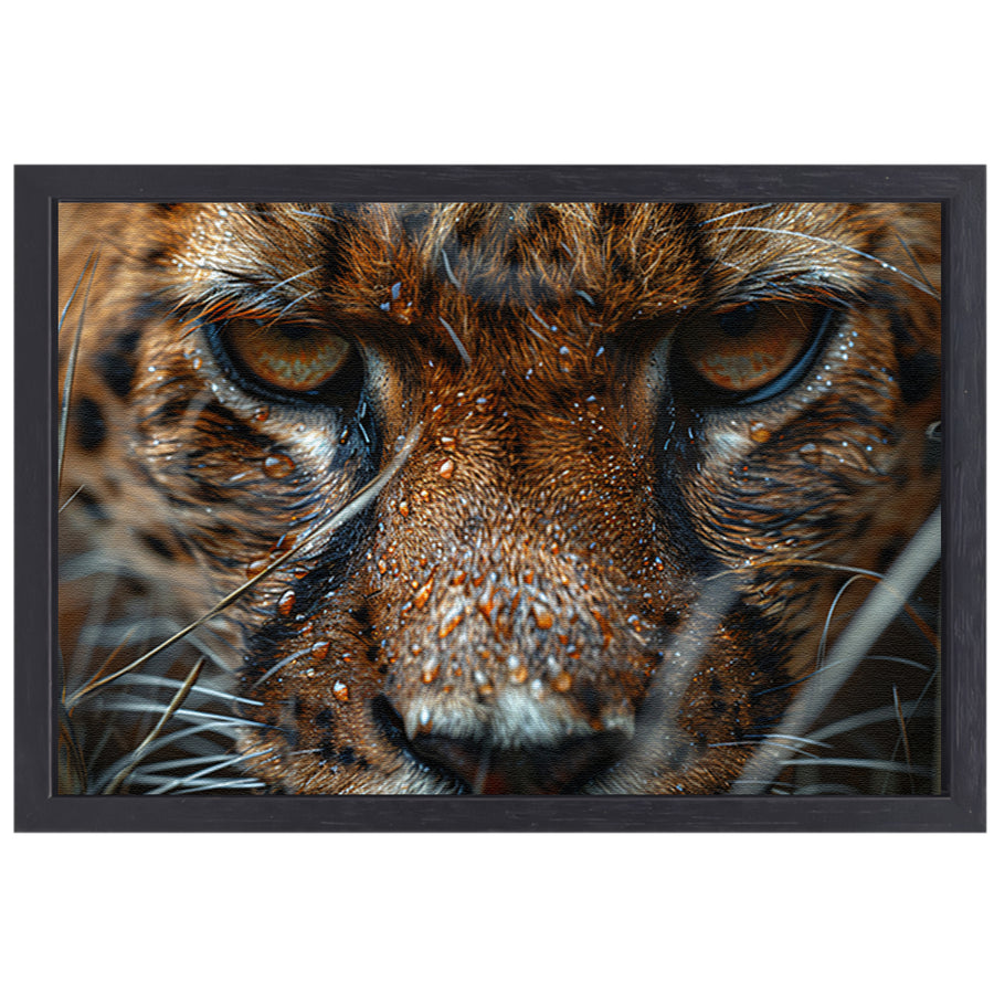 Close-up van natte luipaard met intense blik canvas met baklijst