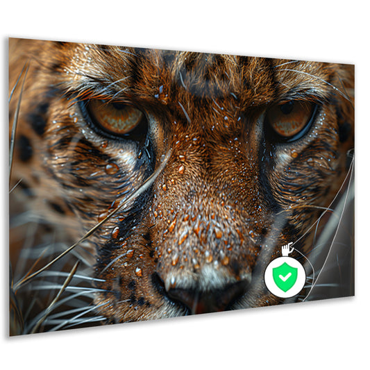 Close-up van natte luipaard met intense blik poster