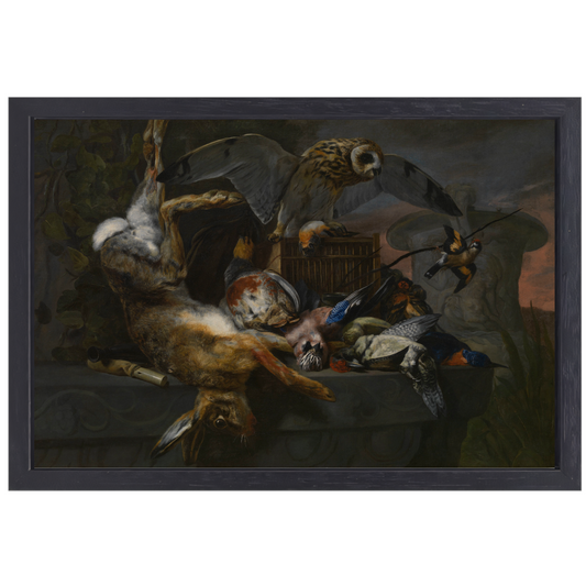 Jachtstilleven met haas en uil - Pieter Boel canvas met baklijst