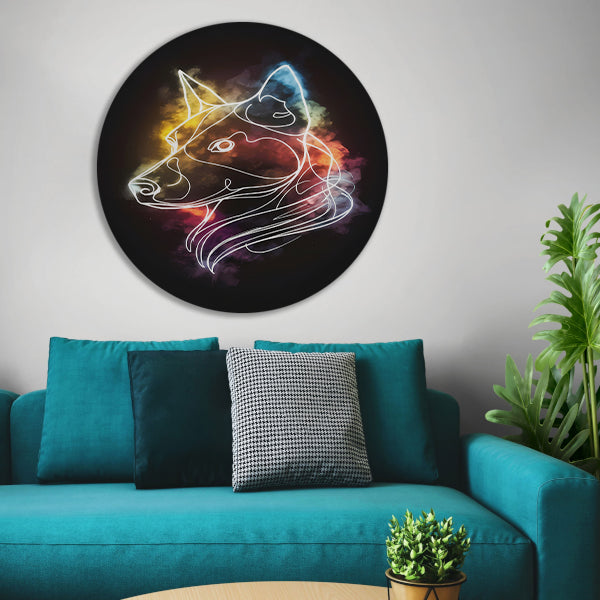 Wolf Silhouet met Abstract Kleurenspectrum aluminium muurcirkel