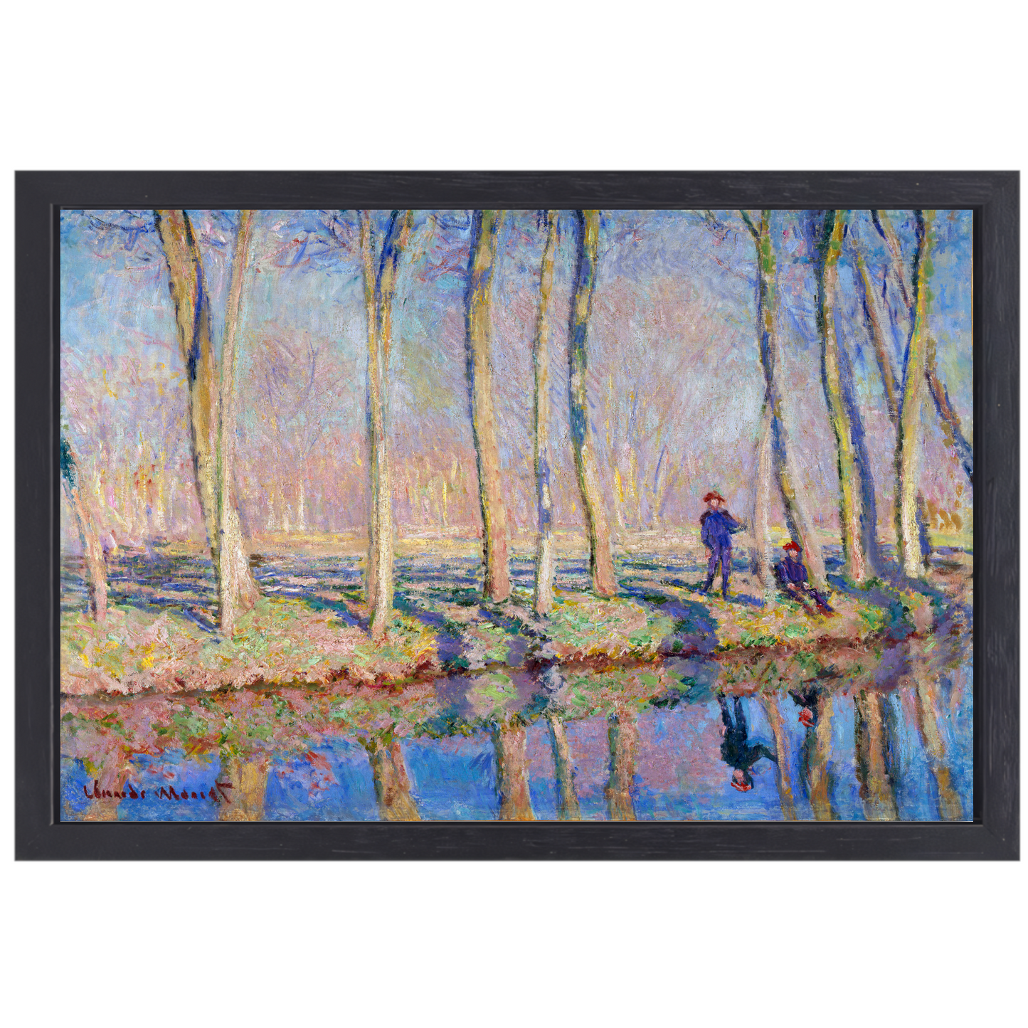 Jean-Pierre Hoschedé en Michel Monet aan de oever van de Epte - Claude Monet canvas met baklijst