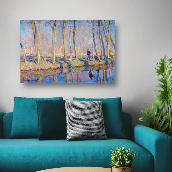 Jean-Pierre Hoschedé en Michel Monet aan de oever van de Epte - Claude Monet canvas met baklijst