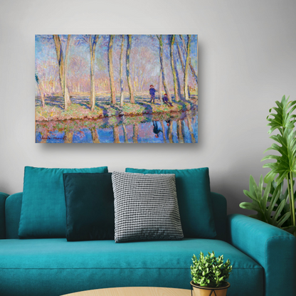 Jean-Pierre Hoschedé en Michel Monet aan de oever van de Epte - Claude Monet canvas met baklijst