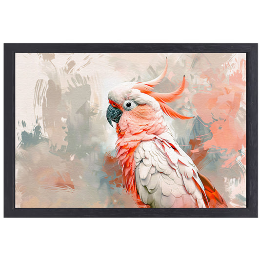 Surrealistische kleurrijke papegaai op abstracte achtergrond canvas met baklijst
