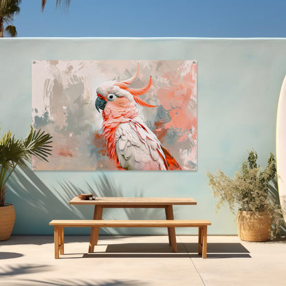 Surrealistische kleurrijke papegaai op abstracte achtergrond tuinposter