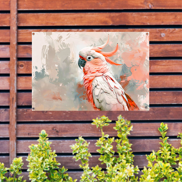 Surrealistische kleurrijke papegaai op abstracte achtergrond tuinposter