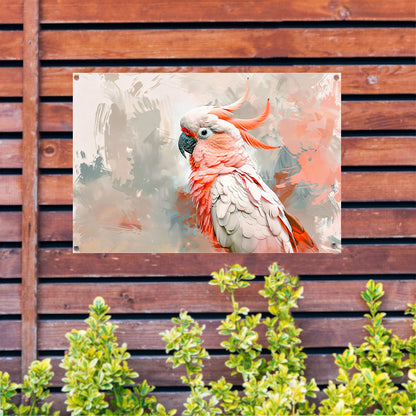 Surrealistische kleurrijke papegaai op abstracte achtergrond tuinposter