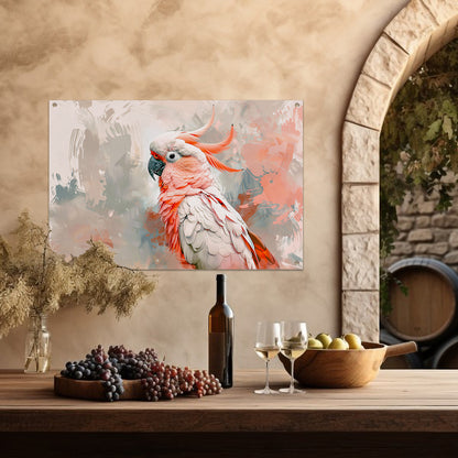 Surrealistische kleurrijke papegaai op abstracte achtergrond tuinposter