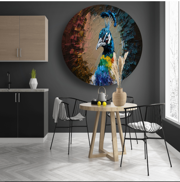 Dynamische kleurrijke pauw in abstracte stijl aluminium muurcirkel