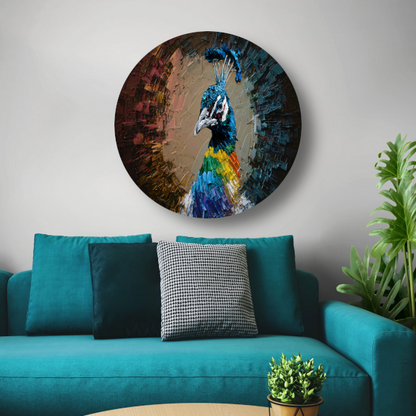 Dynamische kleurrijke pauw in abstracte stijl aluminium muurcirkel