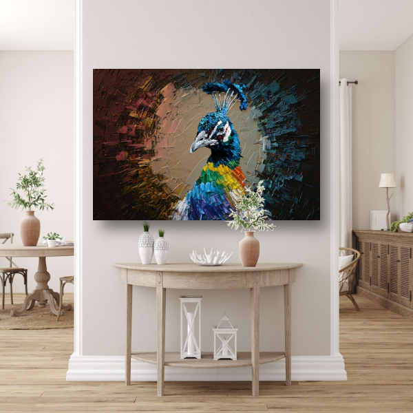 Dynamische kleurrijke pauw in abstracte stijl acrylglas