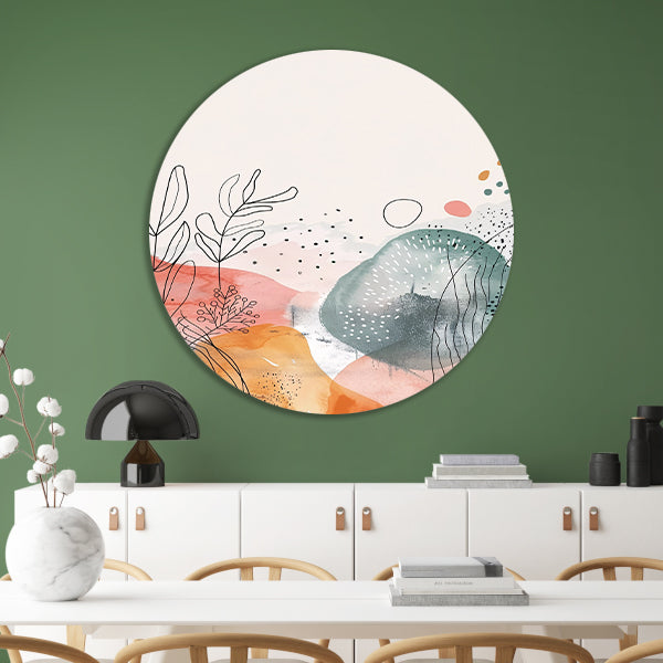Moderne abstracte kunst met aquarel en lijntekeningen aluminium muurcirkel