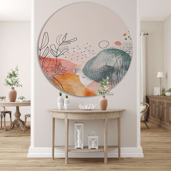 Moderne abstracte kunst met aquarel en lijntekeningen aluminium muurcirkel