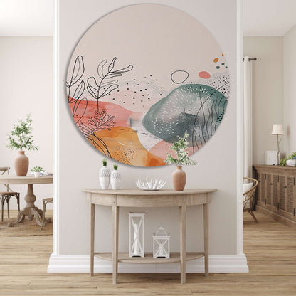 Moderne abstracte kunst met aquarel en lijntekeningen aluminium muurcirkel