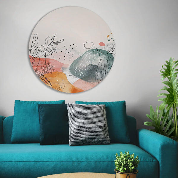 Moderne abstracte kunst met aquarel en lijntekeningen aluminium muurcirkel