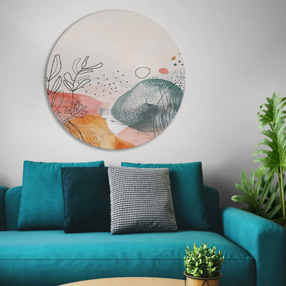Moderne abstracte kunst met aquarel en lijntekeningen aluminium muurcirkel