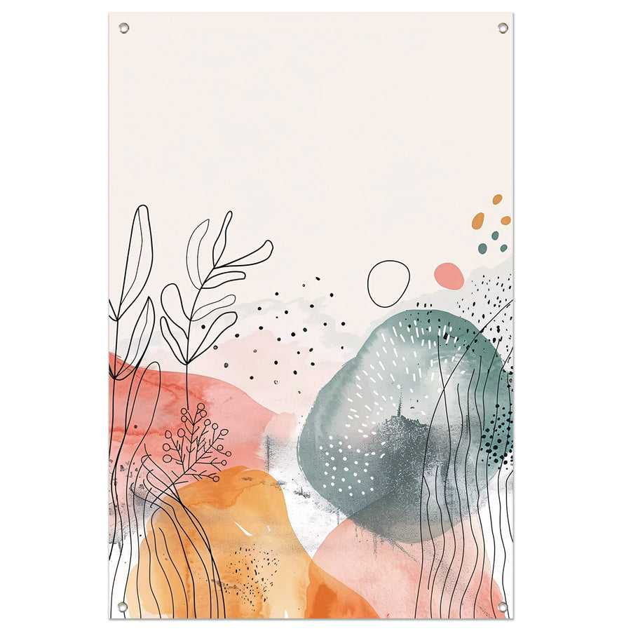 Moderne abstracte kunst met aquarel en lijntekeningen tuinposter