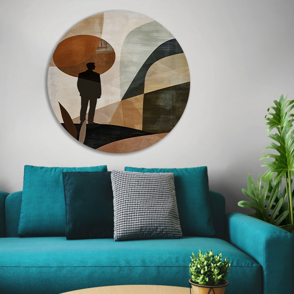 Gestileerde man tegen geometrische pastel achtergrond aluminium muurcirkel