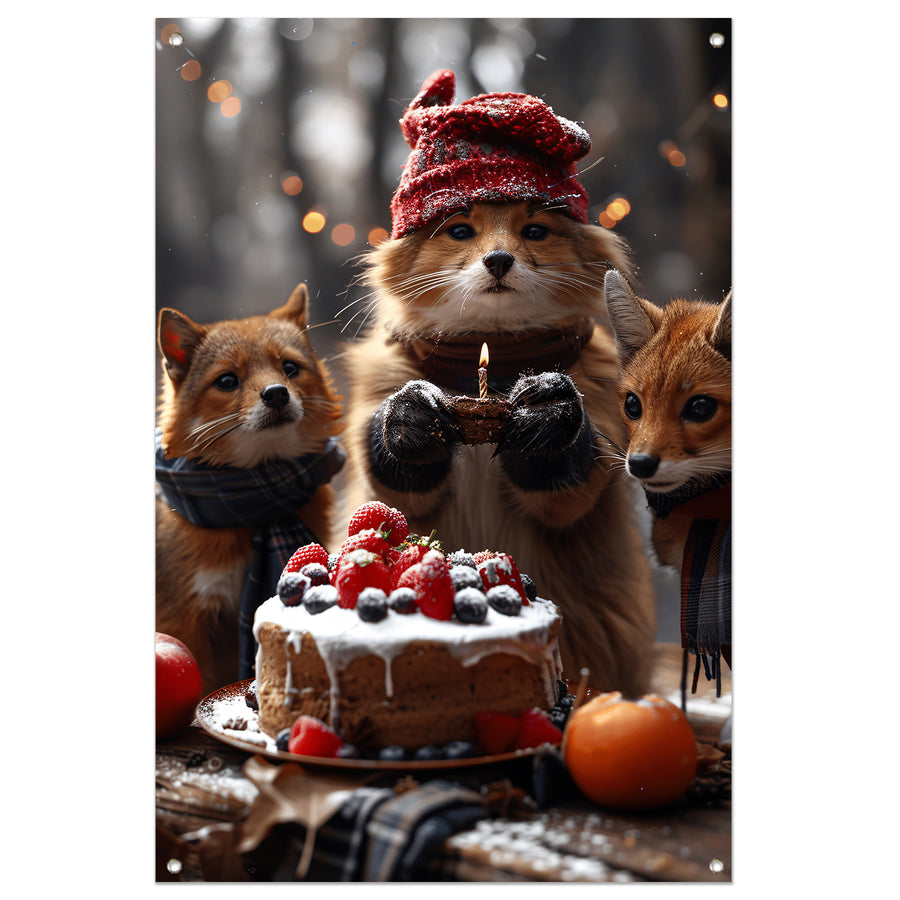 Vos Viert Verjaardag in Winterbos tuinposter