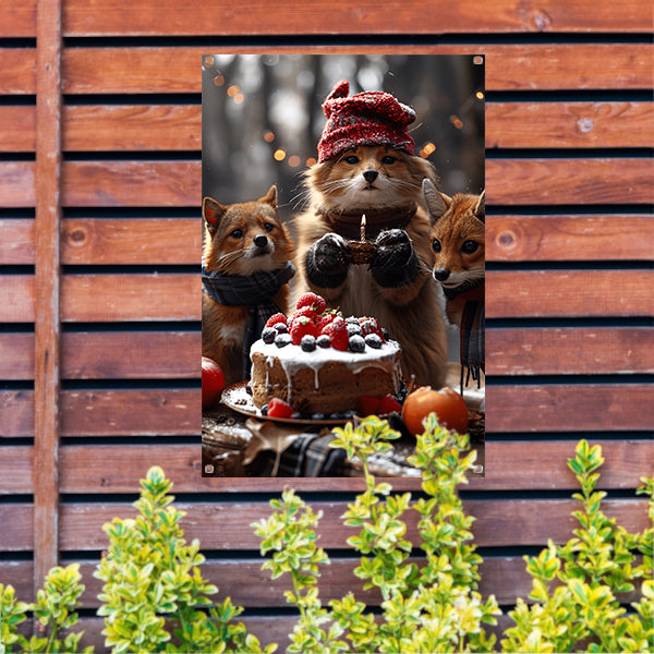 Vos Viert Verjaardag in Winterbos tuinposter