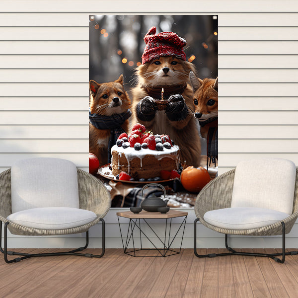 Vos Viert Verjaardag in Winterbos tuinposter