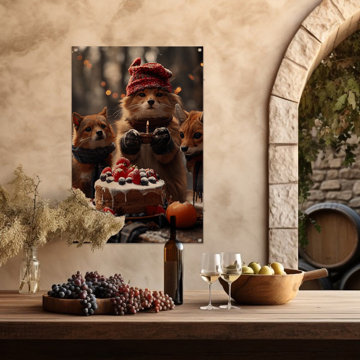 Vos Viert Verjaardag in Winterbos tuinposter