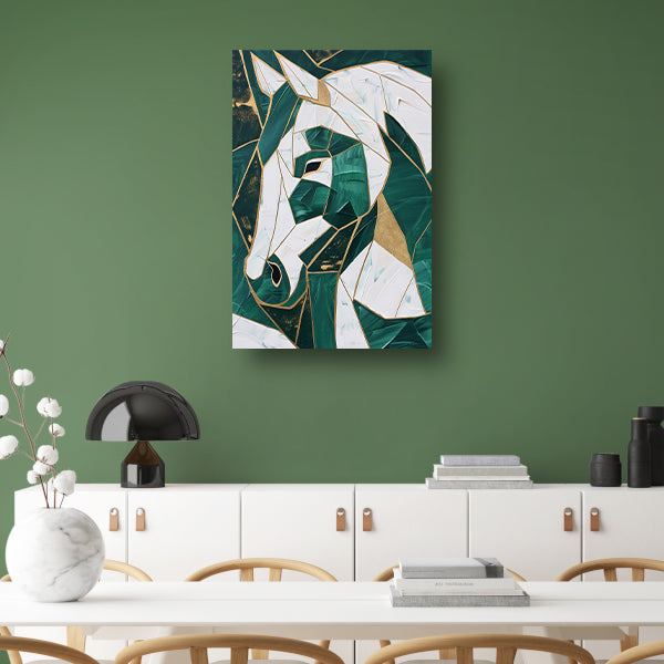Abstract groen-gouden paardenschilderij op canvas acrylglas