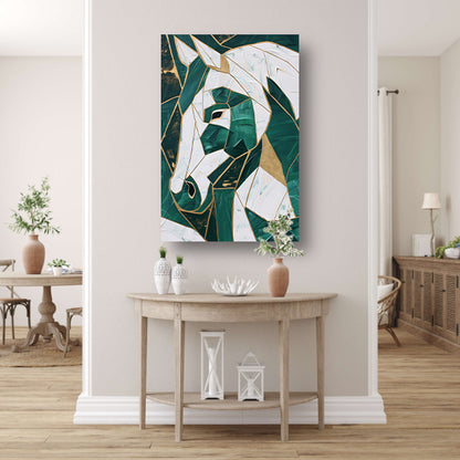 Abstract groen-gouden paardenschilderij op canvas poster