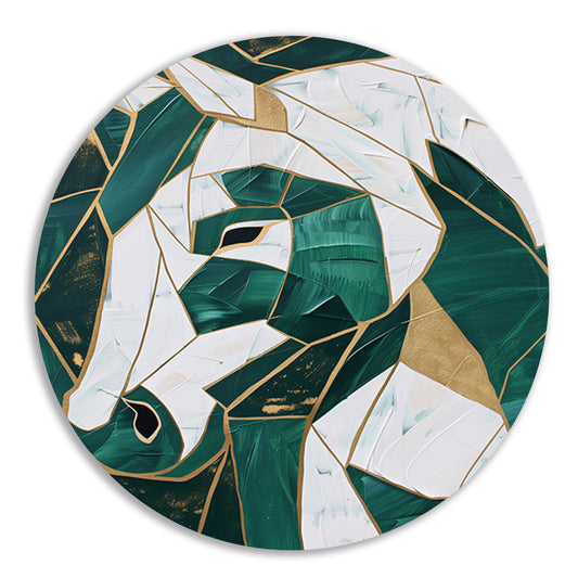 Abstract groen-gouden paardenschilderij aluminium muurcirkel