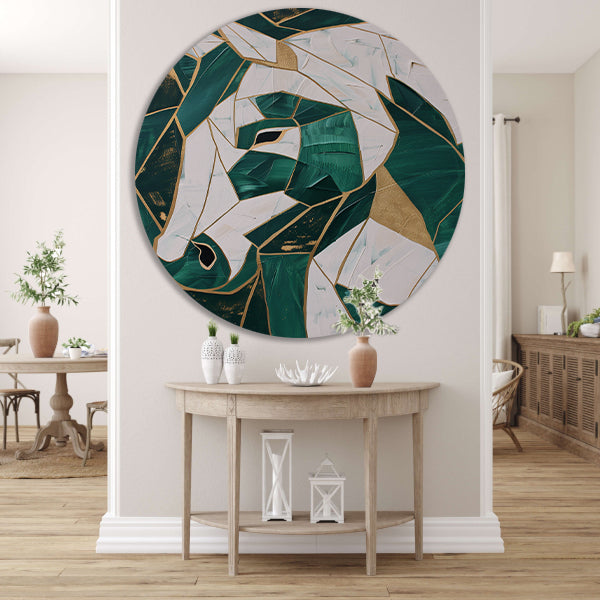 Abstract groen-gouden paardenschilderij aluminium muurcirkel