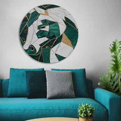 Abstract groen-gouden paardenschilderij aluminium muurcirkel