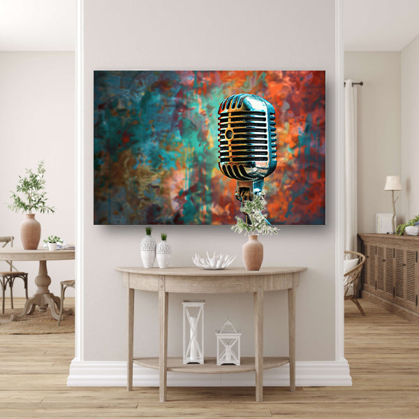 Retro microfoon met abstracte kleurenspatten   canvas
