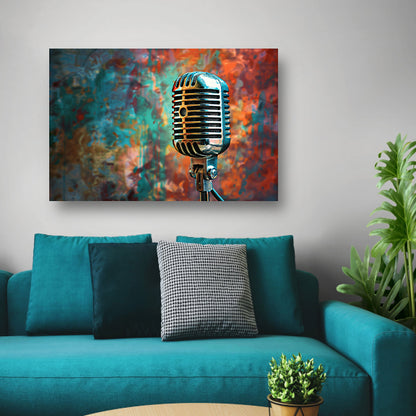 Retro microfoon met abstracte kleurenspatten   canvas