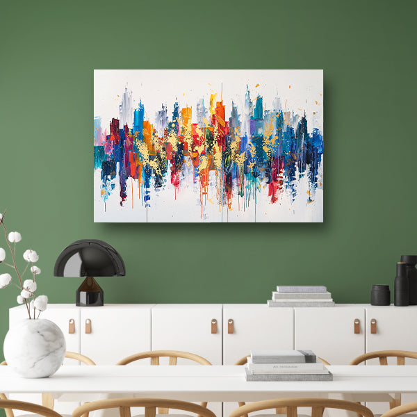 Kleurrijke abstracte stad met dynamische verfspatten poster