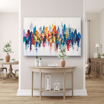 Kleurrijke abstracte stad met dynamische verfspatten poster