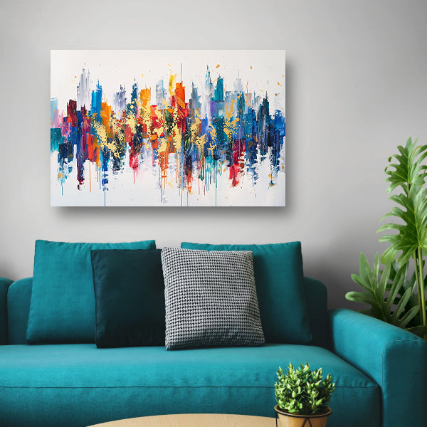 Kleurrijke abstracte stad met dynamische verfspatten poster