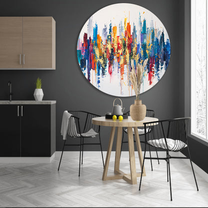 Kleurrijke abstracte stad met dynamische verfspatten aluminium muurcirkel