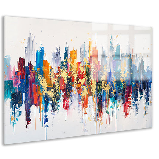 Kleurrijke abstracte stad met dynamische verfspatten acrylglas
