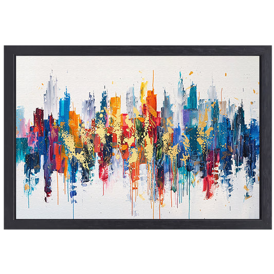 Kleurrijke abstracte stad met dynamische verfspatten canvas met baklijst