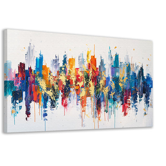 Kleurrijke abstracte stad met dynamische verfspatten canvas