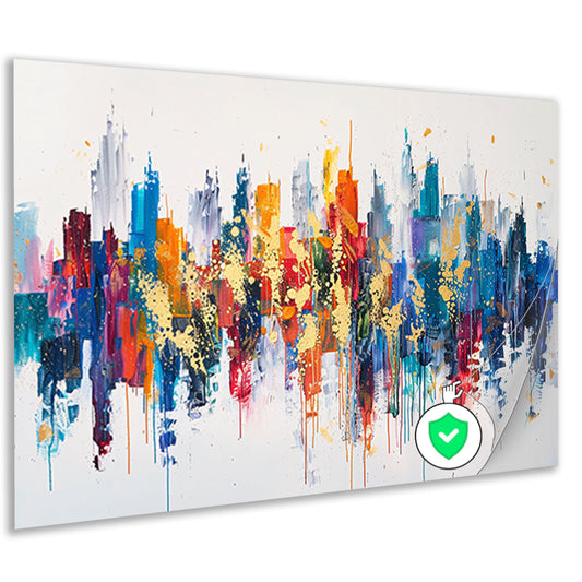 Kleurrijke abstracte stad met dynamische verfspatten poster