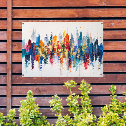 Kleurrijke abstracte stad met dynamische verfspatten tuinposter