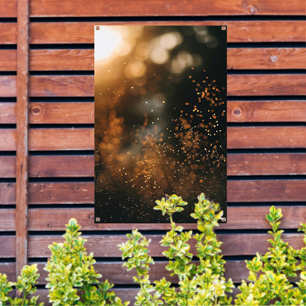 Glinsterende dauwdruppels op grassprieten tuinposter