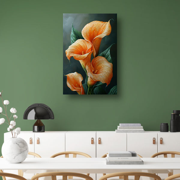 Oranje calla lelies met dauw tegen donkere achtergrond canvas