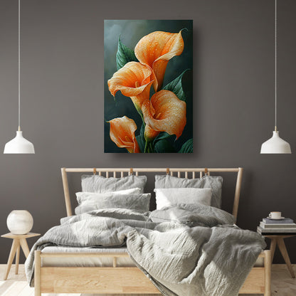 Oranje calla lelies met dauw tegen donkere achtergrond canvas
