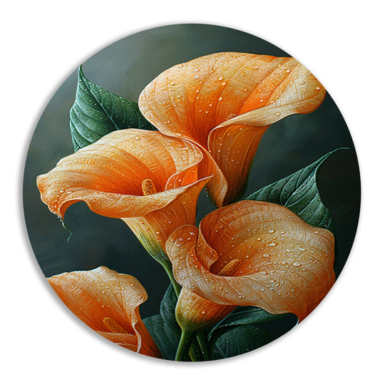 Oranje calla lelies met dauw tegen donkere achtergrond aluminium muurcirkel