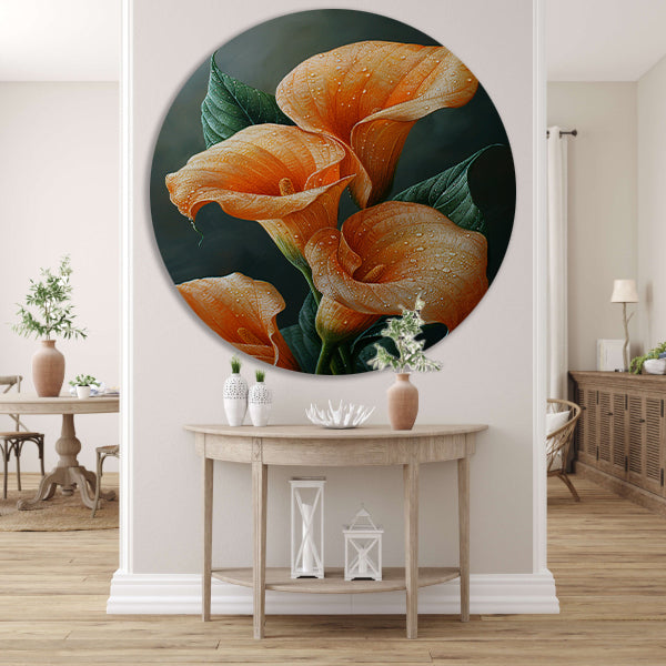 Oranje calla lelies met dauw tegen donkere achtergrond aluminium muurcirkel