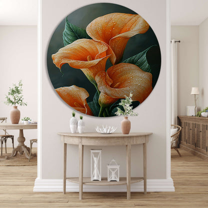 Oranje calla lelies met dauw tegen donkere achtergrond aluminium muurcirkel